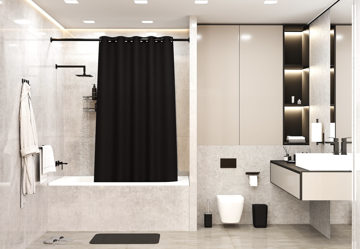 Комплект "Минимализм total black". В комплекте: полки для ванной, крючки настенные, держатель для туалетной бумаги, коврик для ванной, держатель для бумажных полотенец, держатель для махровых полотенец, набор аксессуаров для ванной, штора для ванной, держатель для душа. https://inhomeka.ru//1