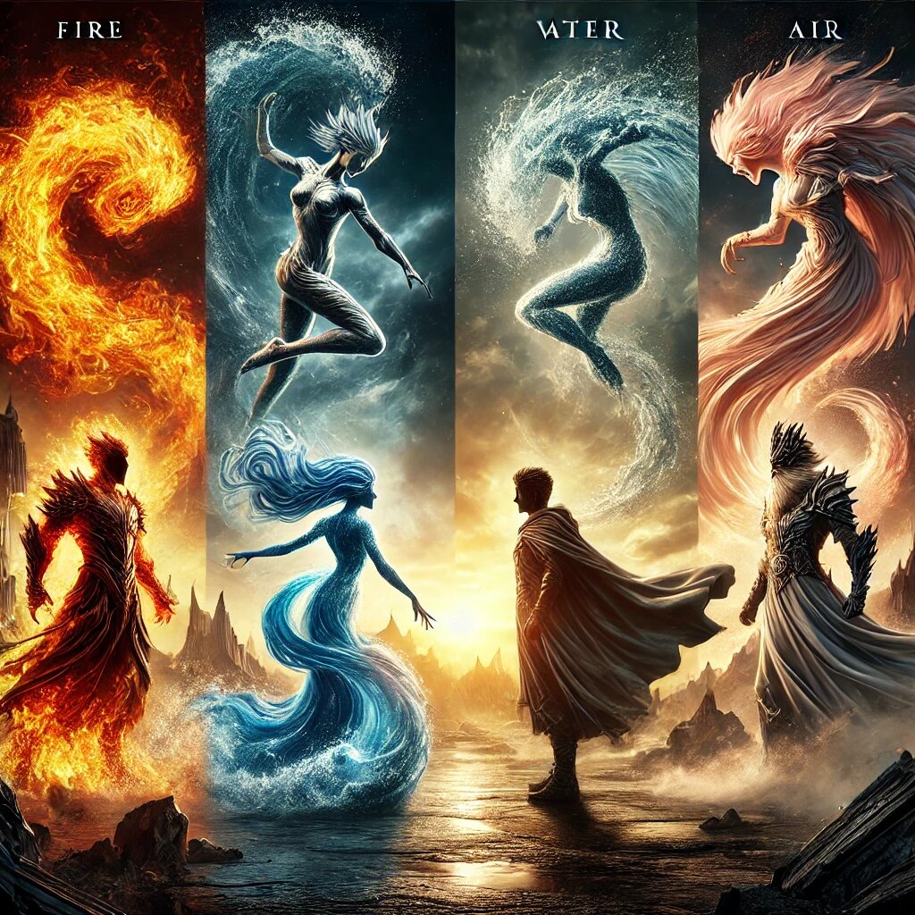 Четыре стихии – огонь, вода, воздух и земля – в напряжённом противостоянии, словно бой богов на мифическом поле битвы.