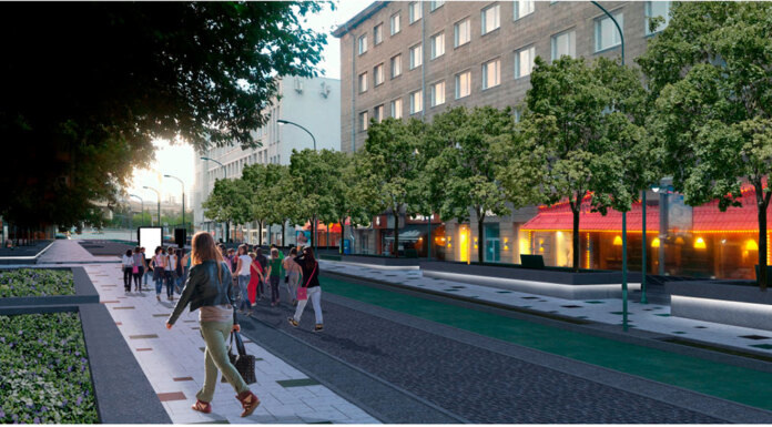    Иллюстрация из проекта 2017 года: пешеходная зона на улице Ленина в Новосибирске. Источник: green.novo-sibirsk.ru