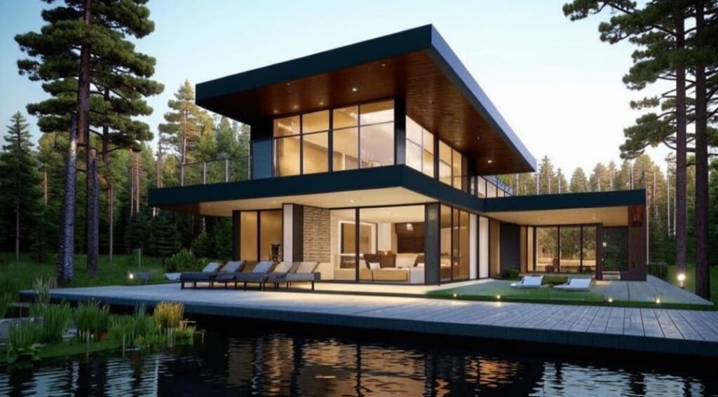 Современный дом в поселке у воды