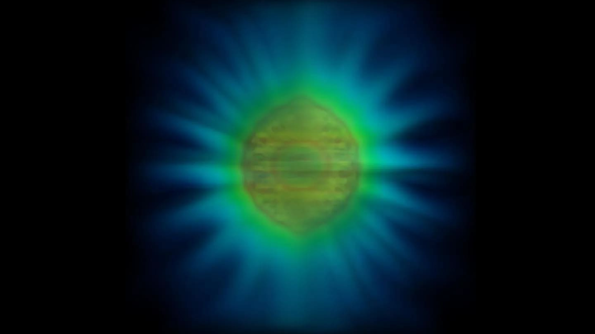 Форма одиночного фотона - визуализация, полученная при математическом моделировании квантовых взаимодействий. Изображение: Benjamin Yuen, University of Birmingham. Источник: birmingham.ac.uk