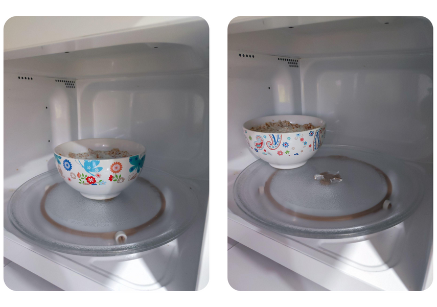 Каша разогрелась равномерно, когда стояла в центре. Каша в тарелке, стоявшей на краю, была горячей только сверху