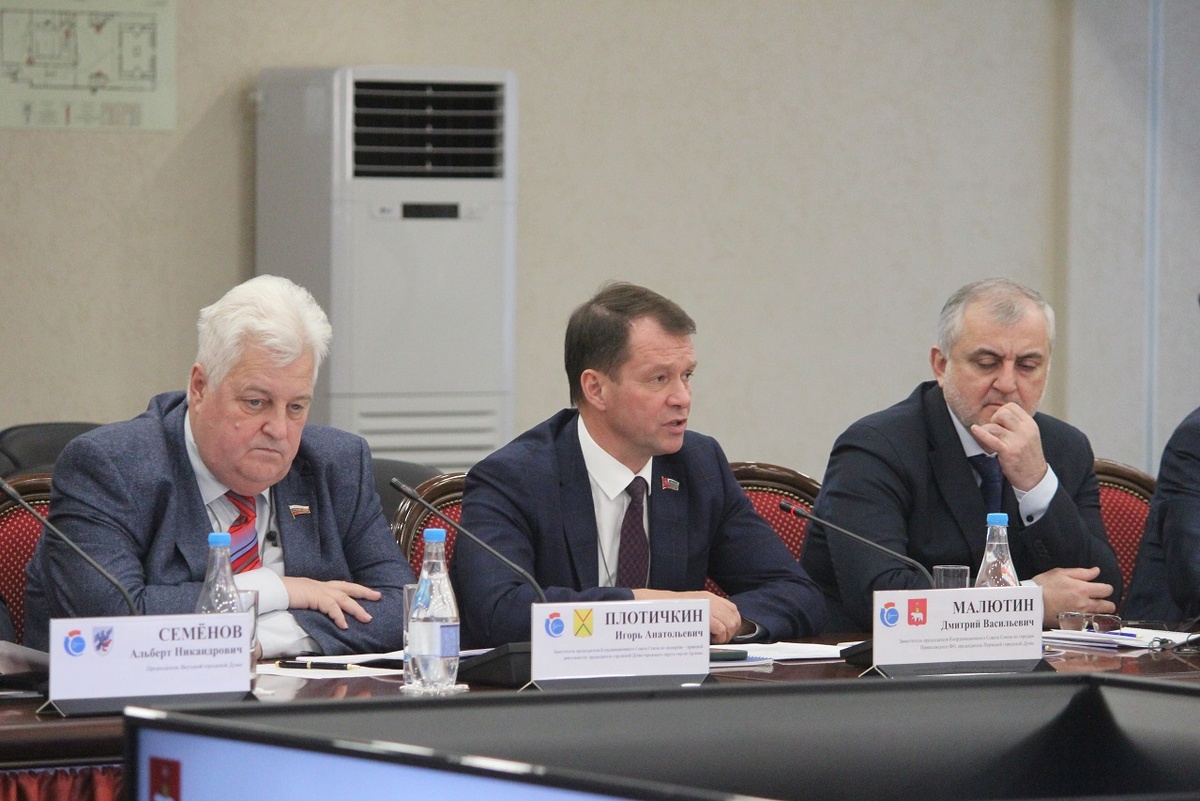 Дмитрий Малютин (в центре) выступил с докладом на заседании координационного совета Союза представительных органов муниципалитетов РФ.  Фото: предоставлено пресс-службой Пермской городской думы