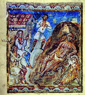 Святой праведный Иов Многострадальный. 6 в. Миниатюра из Сирийской Библии.