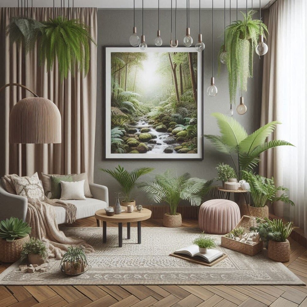 Интерьер госиной в доме в природном стиле