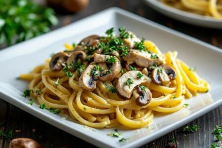 Паста с курицей и грибами в сливочном соусе