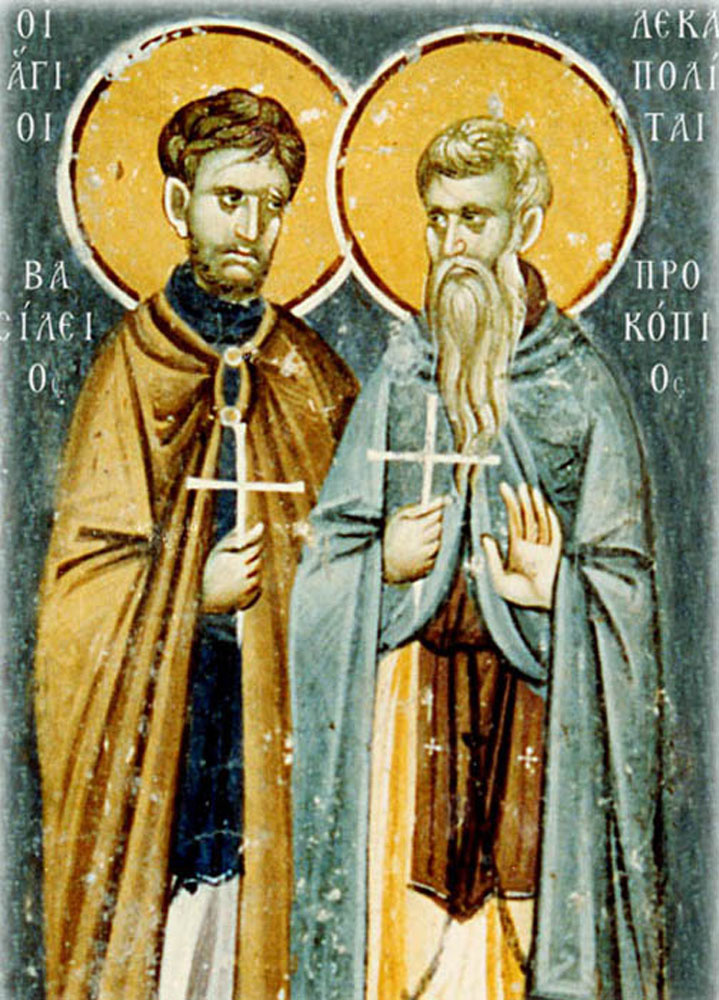 Преподобные Прокопий и Василий Декаполиты. Фреска.