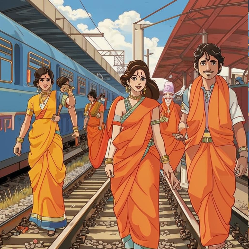 Железнодорожники в оражевых сигнальных жилетках в обнимку с кришнаитами в оранжевых сари танцуют на площади!