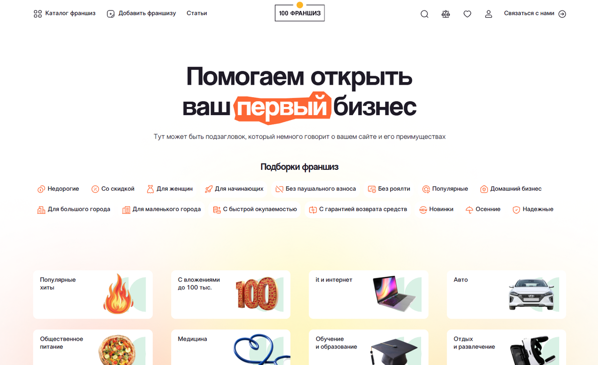 Пример разработки структуры для сайта агрегатора франшиз 100franshiz.ru