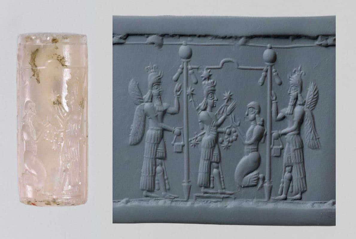 Месопотамская цилиндрическая печать с культовым знаком , конец IX — начало VIII в. до н. э., Метрополитен-музей, Нью-Йорк
