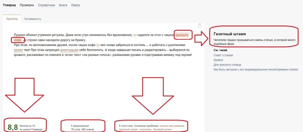 Проверка на сервисе Главред. 