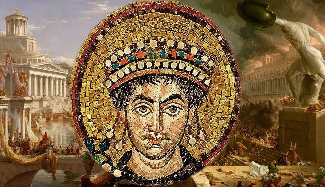Мозаичное изображение Юстиниана , базилика Сан-Витале, Равенна; с сериями «Курс империи» , «Завершение империи и разрушение»