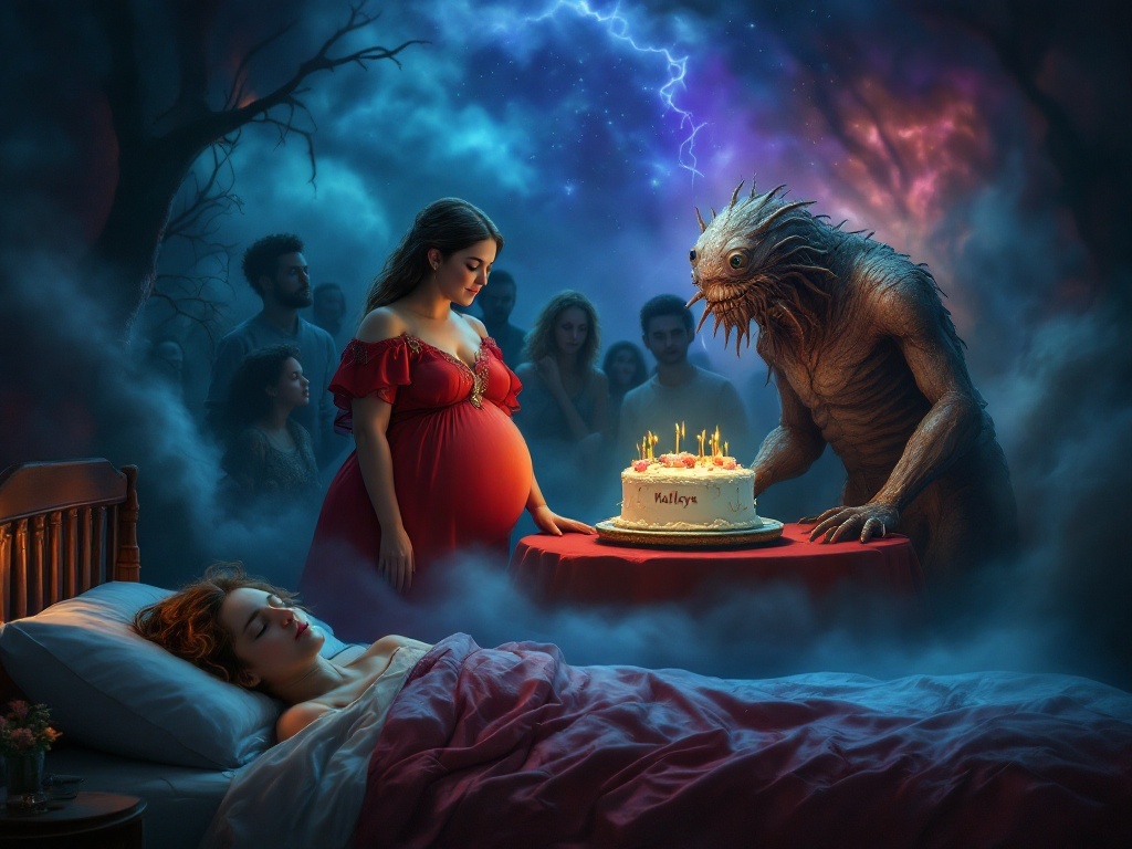    К чему такое снится: Женщина в красном платье с большим животом стоит перед тортом с неразборчивой надписью на столе. Рядом необычное существо с множеством мелких сосков и глаз. Окружающ