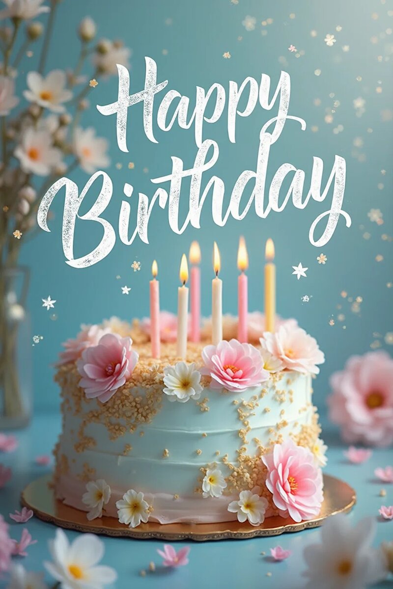 Красивый и нежный торт украшенный цветами и надписью Happy Birthday