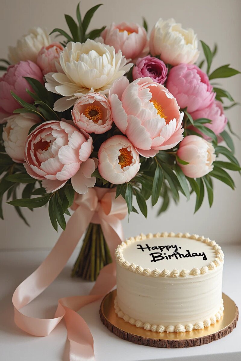 Стильная открытка с пионами и тортом с пожеланием на английском языке