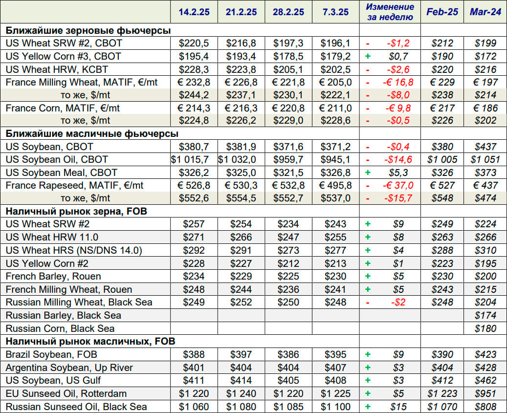 Ближайшие зерновые и масличные фьючерсы, наличный рынок зерна и масличных FOB 07.03.2025