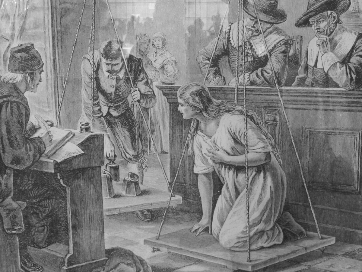 Взвешивание ведьмы, гравюра приблизительно 18-19 века