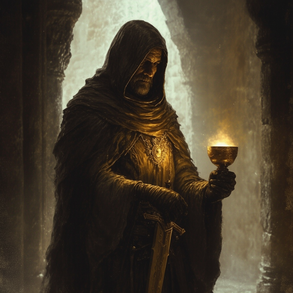 Рыцарь-тамплиер с сияющей чашей Грааля в тёмном средневековом храме