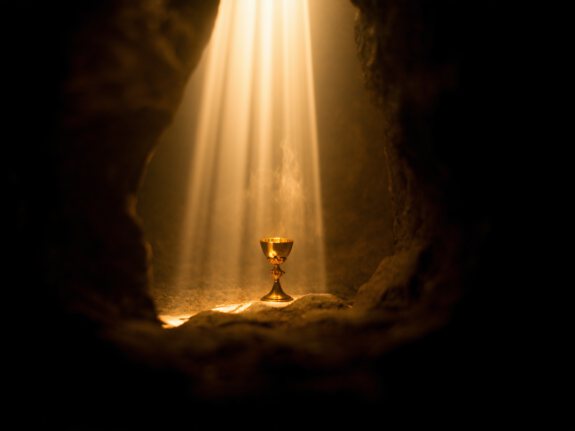 Средневековая иллюстрация Святого Грааля в рукописи, мистическая и орнаментальная