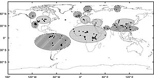 Карта зон, пострадавших от климатического события 4200 лет назад. Заштрихованные области - сезон сверхдождей и   наводнений, пунктирные — засуха и пыльные бури.
