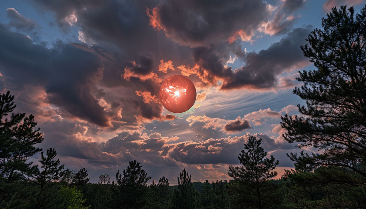 НЛО движется над землёй, после заката солнца, освещая облака вокруг себя. Изображение сгенерировано. 