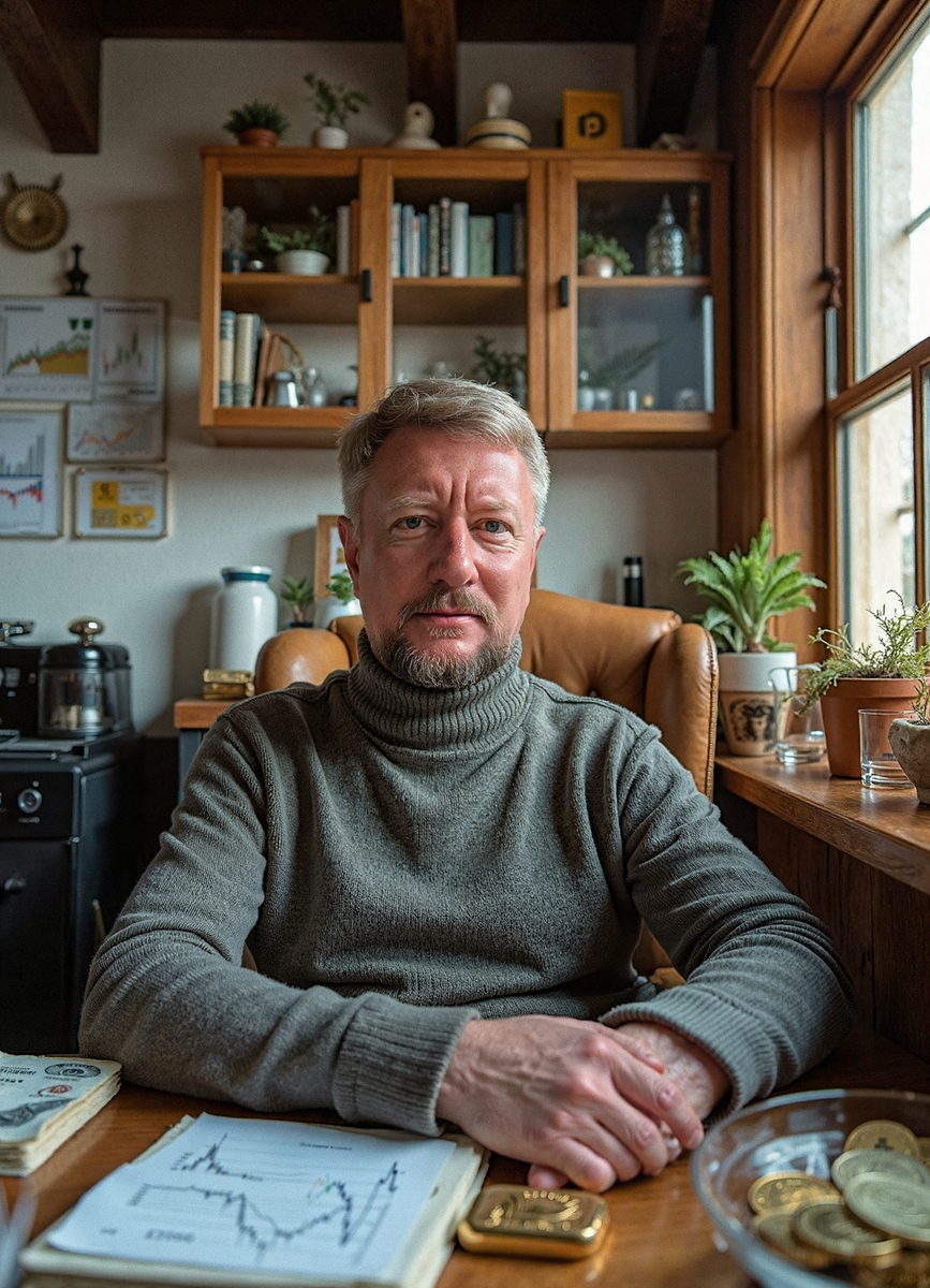 Седой но бодрый за рабочим столом, изучаю инвестиции