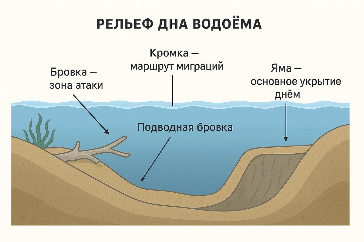 Судак держится у структур дна: ям, свалов, бровок и коряг. Избегает открытых песчаных пустынь.