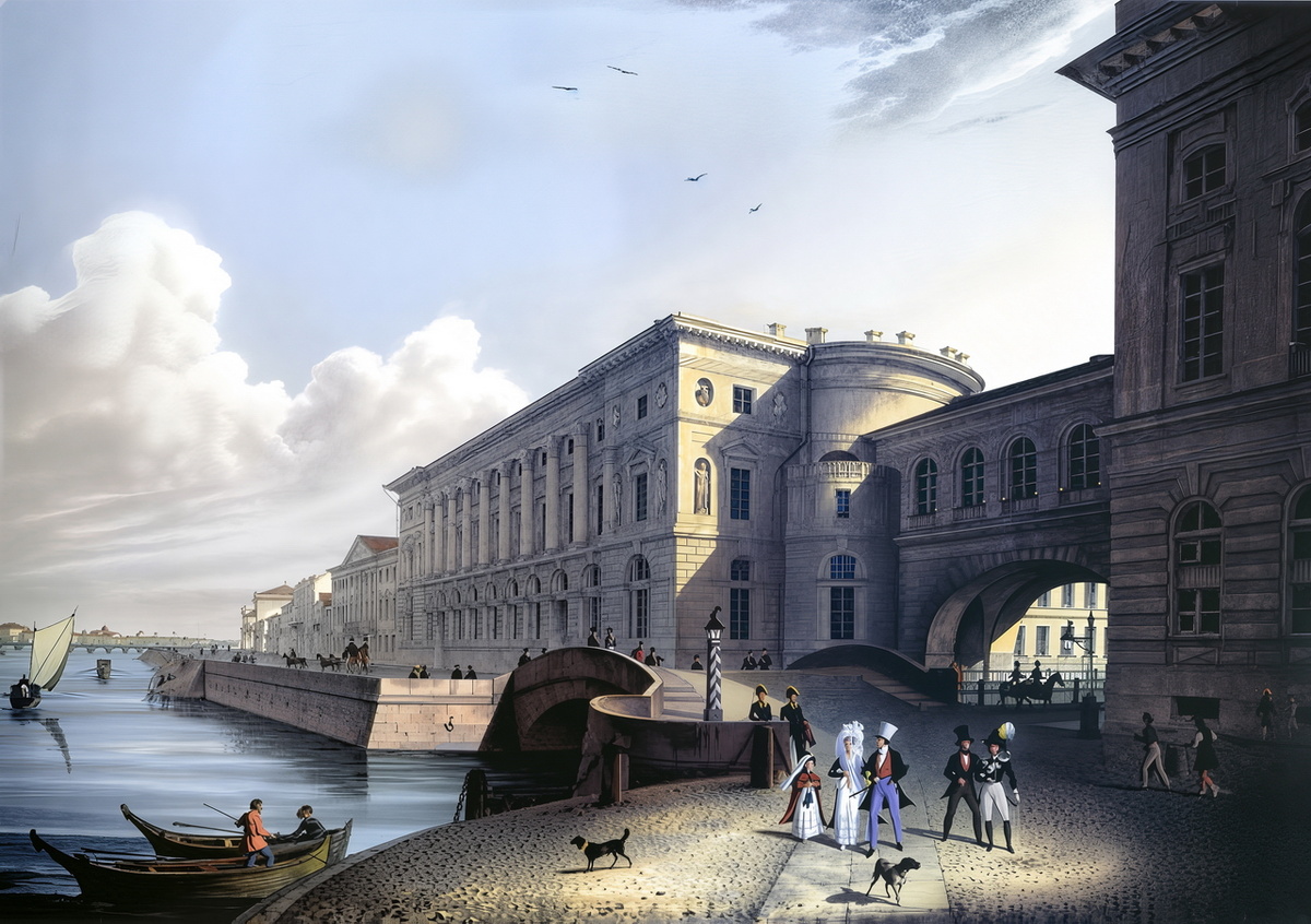 Эрмитажный театр и Дворцовая набережная у Зимней канавки. Лит. К.П. Беггрова. 1820-1830-е гг.