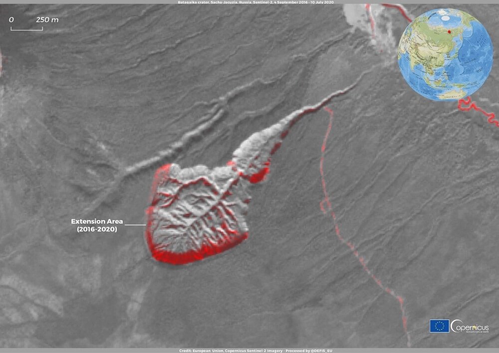    Батагайский кратер. Фото: Commons.wikimedia.org/ European Union , Copernicus Sentinel-2 imagery