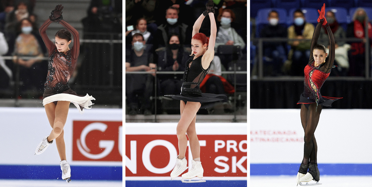 Благодаря своим прыжкам россиянки Анна Щербакова, Александра Трусова и Камила Валиева являются фаворитами в борьбе за пьедестал в Пекине. Даниэль Михайлеску / AFP / Сергей Бобылев / ТАСС / Олег Никишин / Международный союз конькобежцев / Getty Images