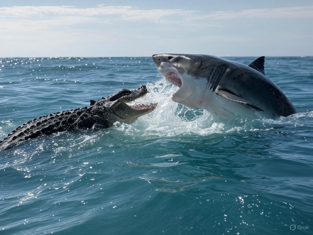 Два самый сильных хищника на Земле -  Белая Акула и Гребнистый Крокодил