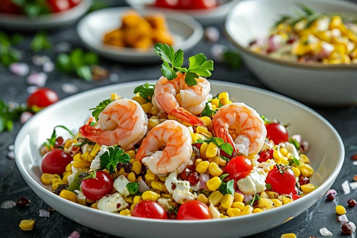 Салат из кукурузы, помидоров черри и креветок