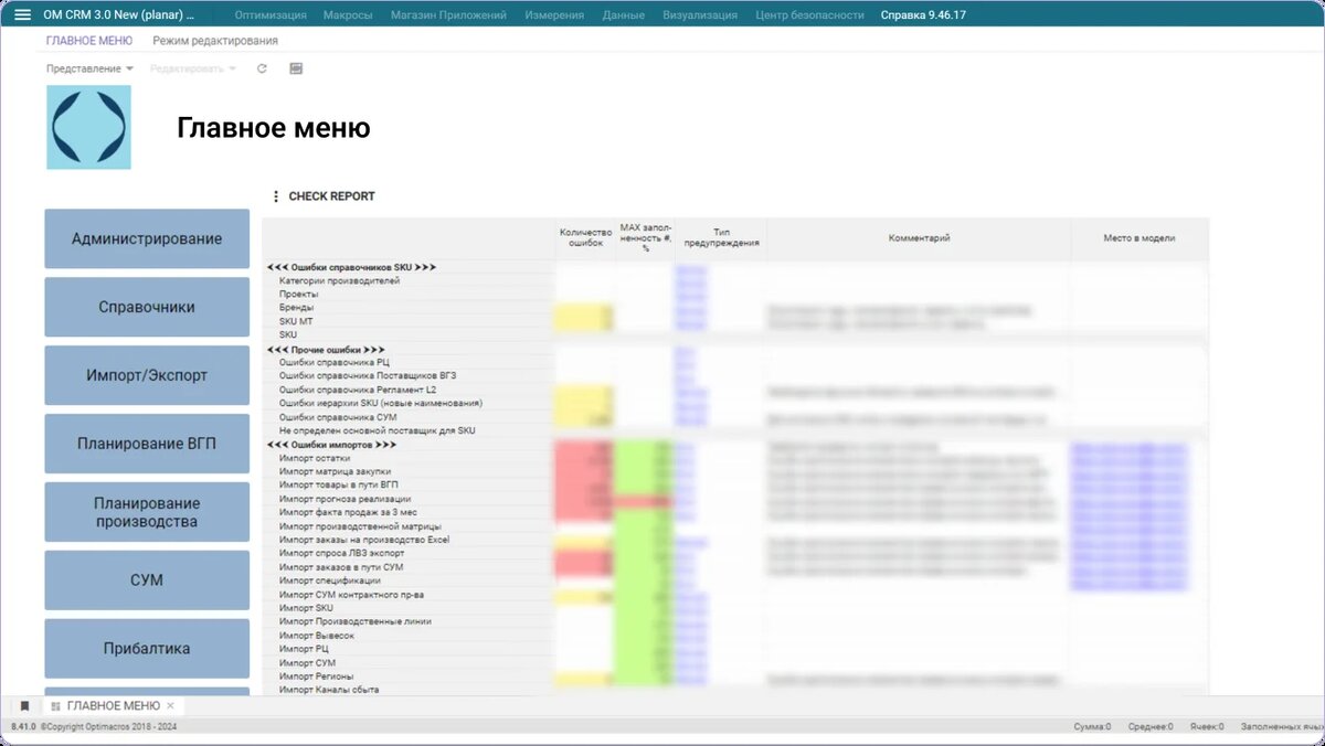 Главное меню модели бюджетирования Novabev Group в системе Optimacros
