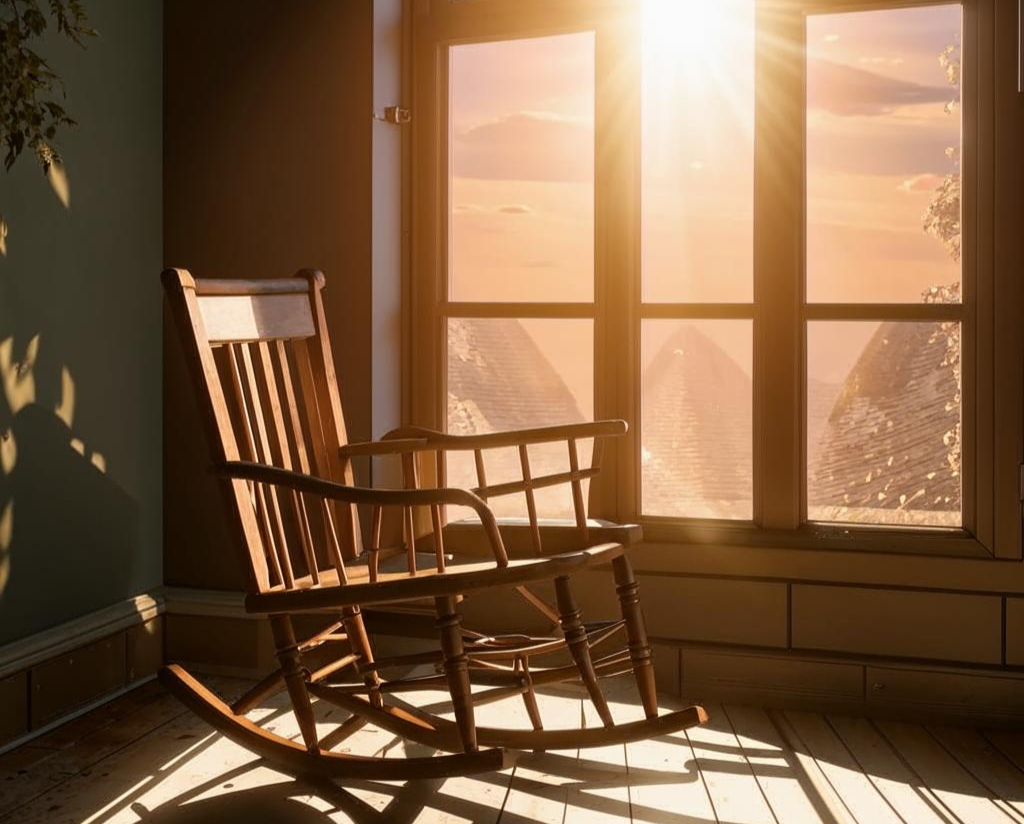 Пустое кресло-качалка у окна, как символ покоя и новых возможностей. 