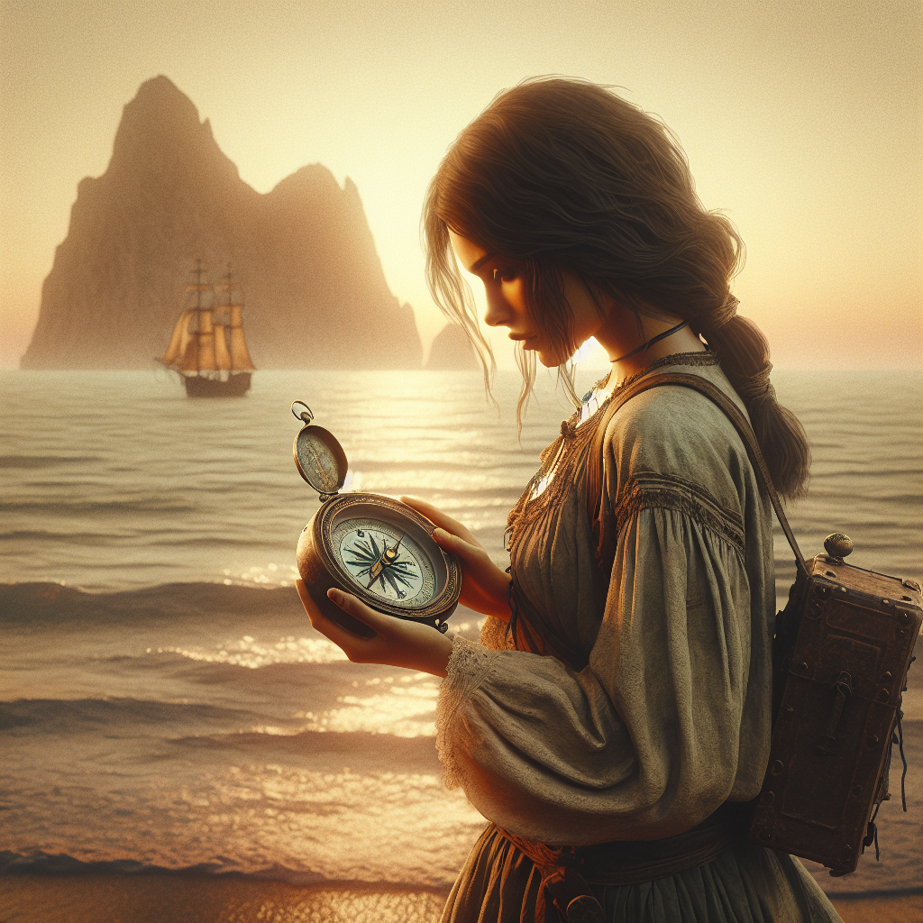 Искательница приключений держит в руках старинный компас на фоне бушующего моря, освещенного лучами заходящего солнца. | Картинка - ИИ-арт © Надежда Иванова