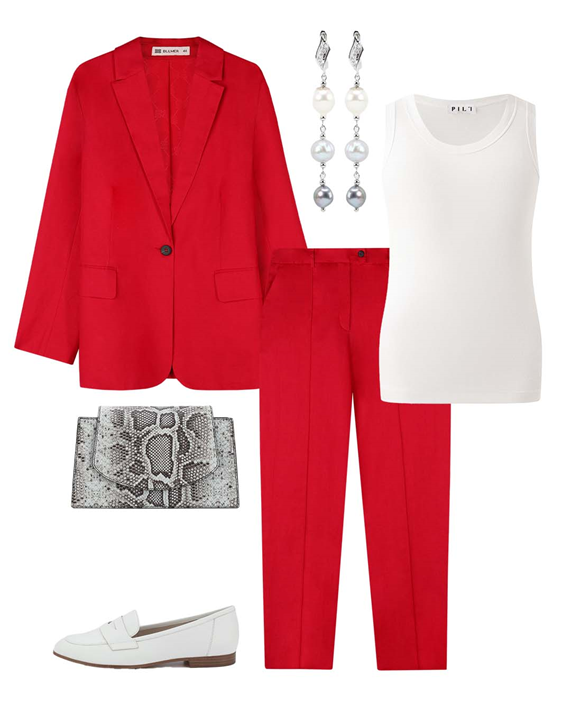 Образ: пиджак 190634, брюки 190636, топ 184699,  сумка 193001, лоферы 189240, серьги 189677