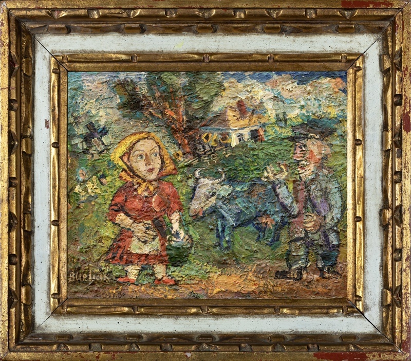 Деревенская сцена, конец 1940-х - 1960-е гг., материалы: холст, масло, размеры: 23 х 30 см. Источник: https://moscow-auction.ru