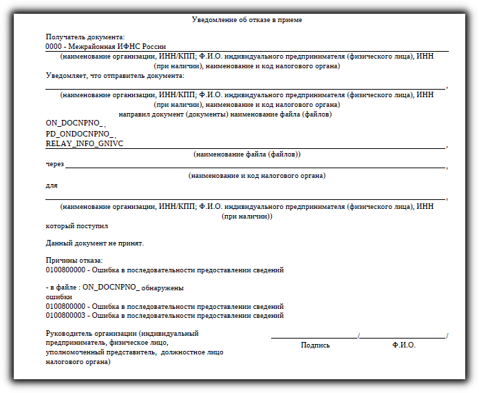 Уведомление об отказе в приёме 0100800000 0100800003 в файле обнаружены ошибки ON DOCNPNO