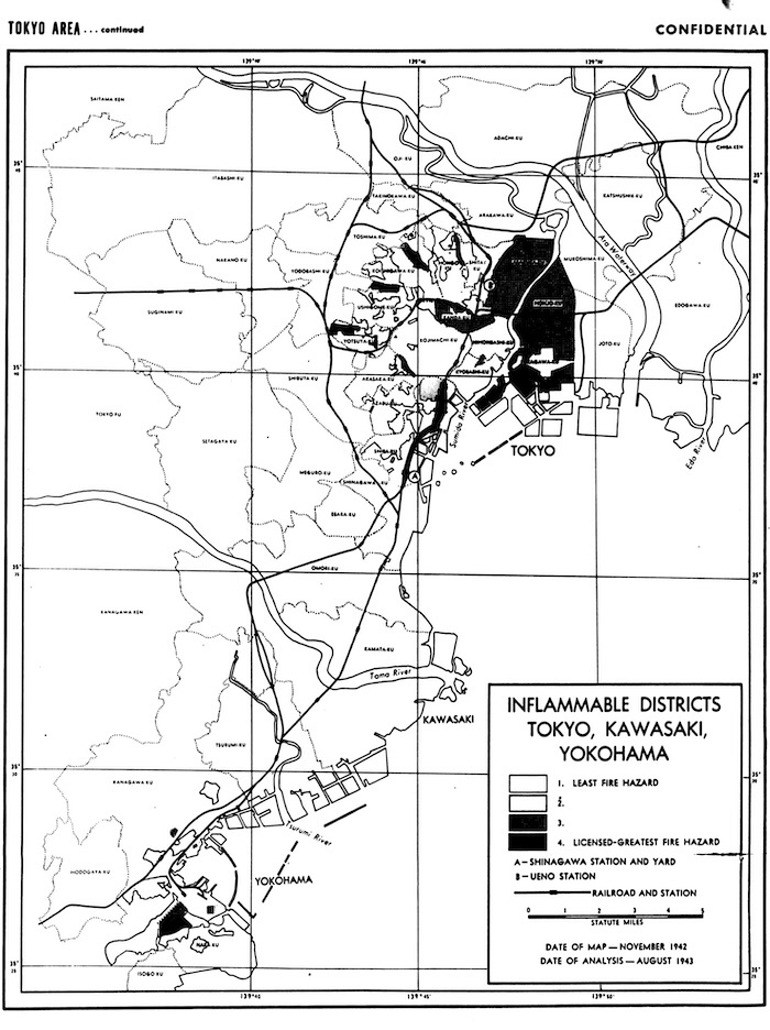Карта США, на которой показаны "огнеопасные районы" Токио, подготовленная Управлением стратегических служб в августе 1943 года.