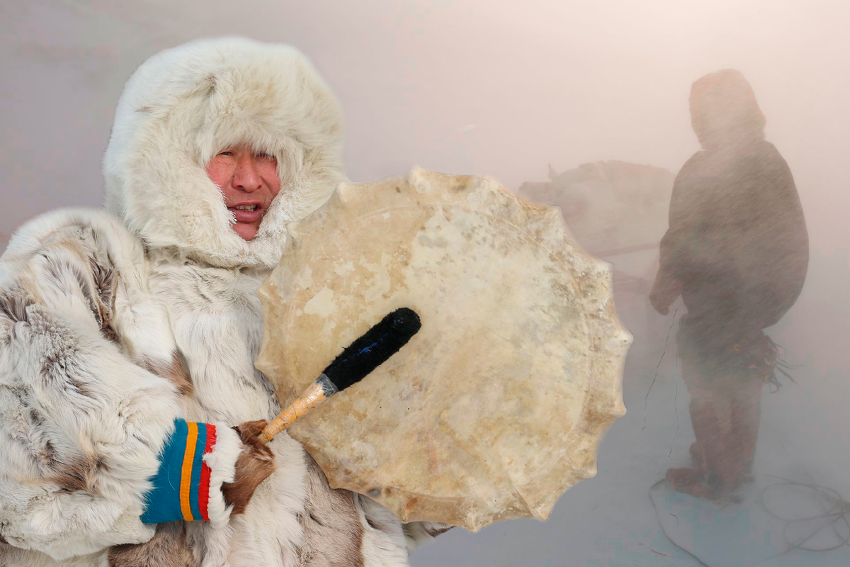 Фон: Shchipkova Elena/Shutterstock/Fotodom. Фото шамана: Андрей Ткачёв/АНО «Ямал-Медиа»