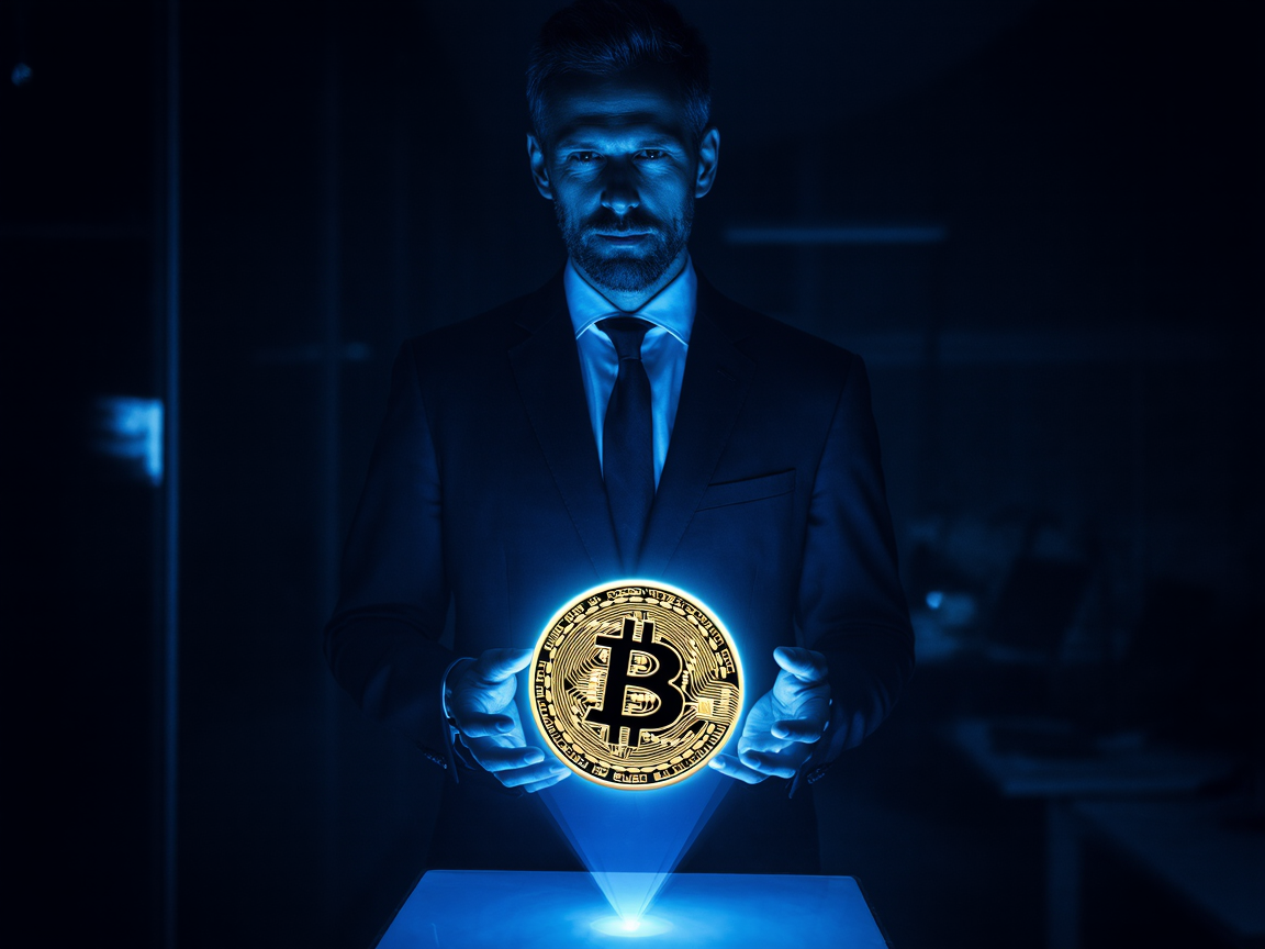 Миллиардер в тёмной комнате с голограммой биткоина, футуристическая атмосфера