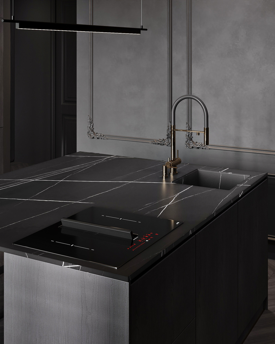 Кухонный остров со встроенной мойкой, винным шкафом, системой хранения и варочной поверхностью, изготовленный и смонтированный специалистами компании "Бельведер Сервис"