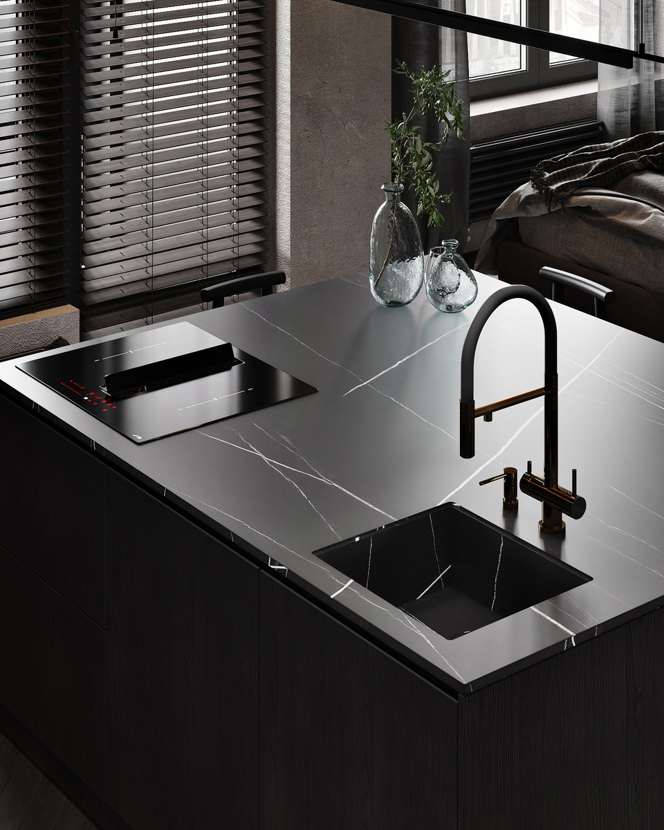 Кухонный остров со встроенной мойкой, винным шкафом, системой хранения и варочной поверхностью, изготовленный и смонтированный специалистами компании "Бельведер Сервис"