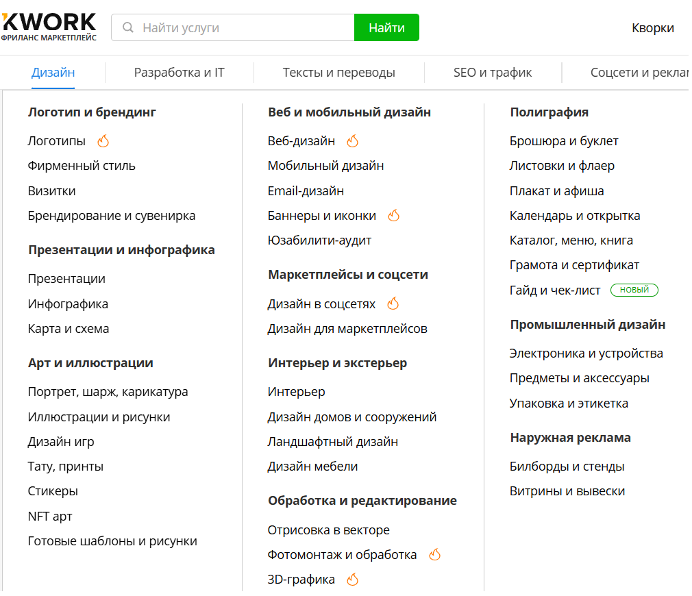 Вот сколько разделов есть на бирже фриланса Кворк только по 1 онлайн-профессии "Дизайн"