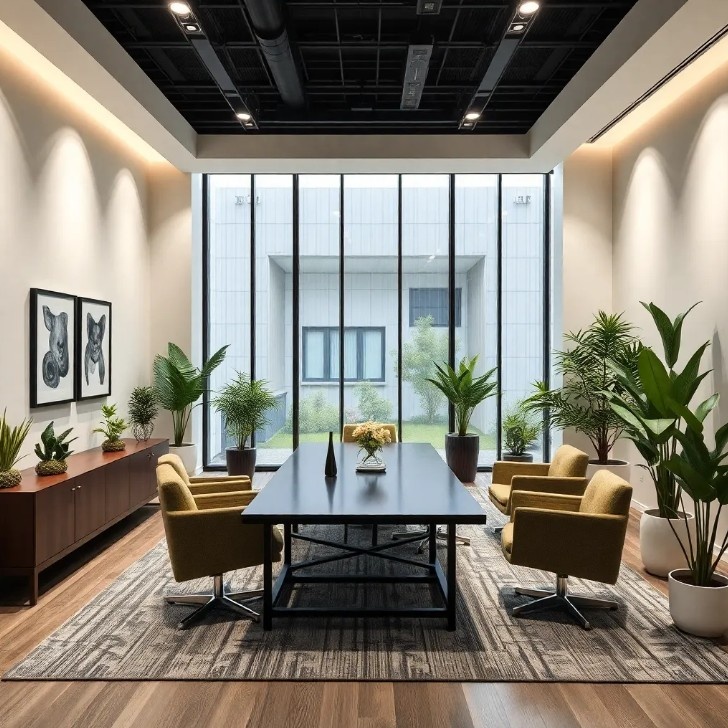 Эстетичный и функциональный офис с современной мебелью и зелеными зонами