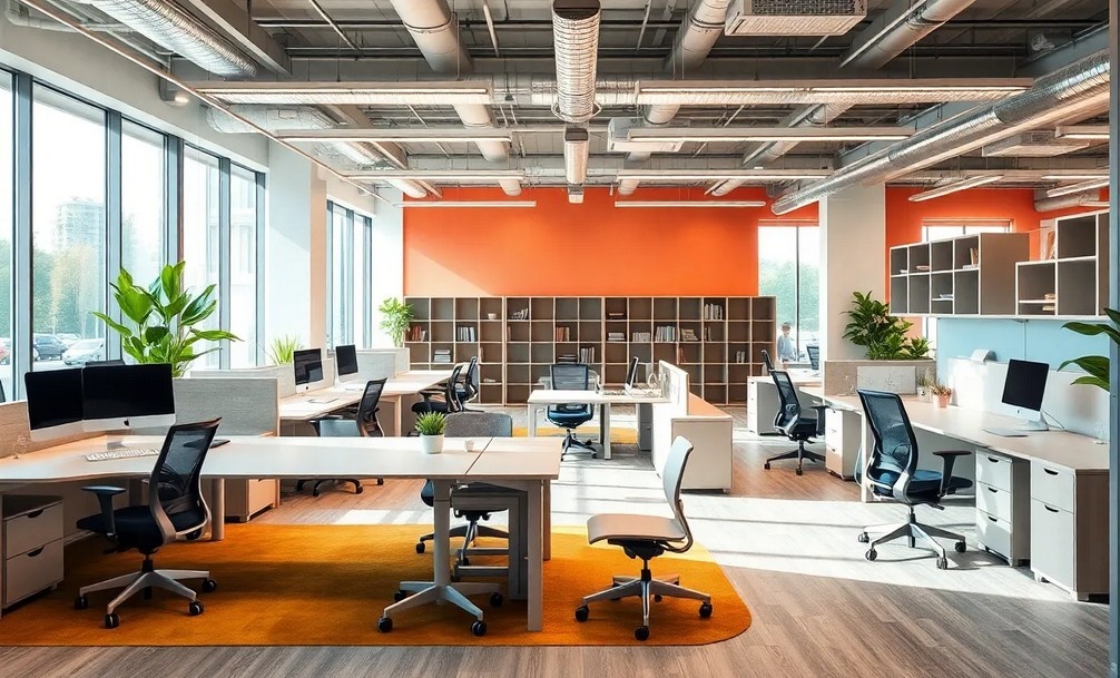 Пример гибкого офиса с трансформируемой мебелью.