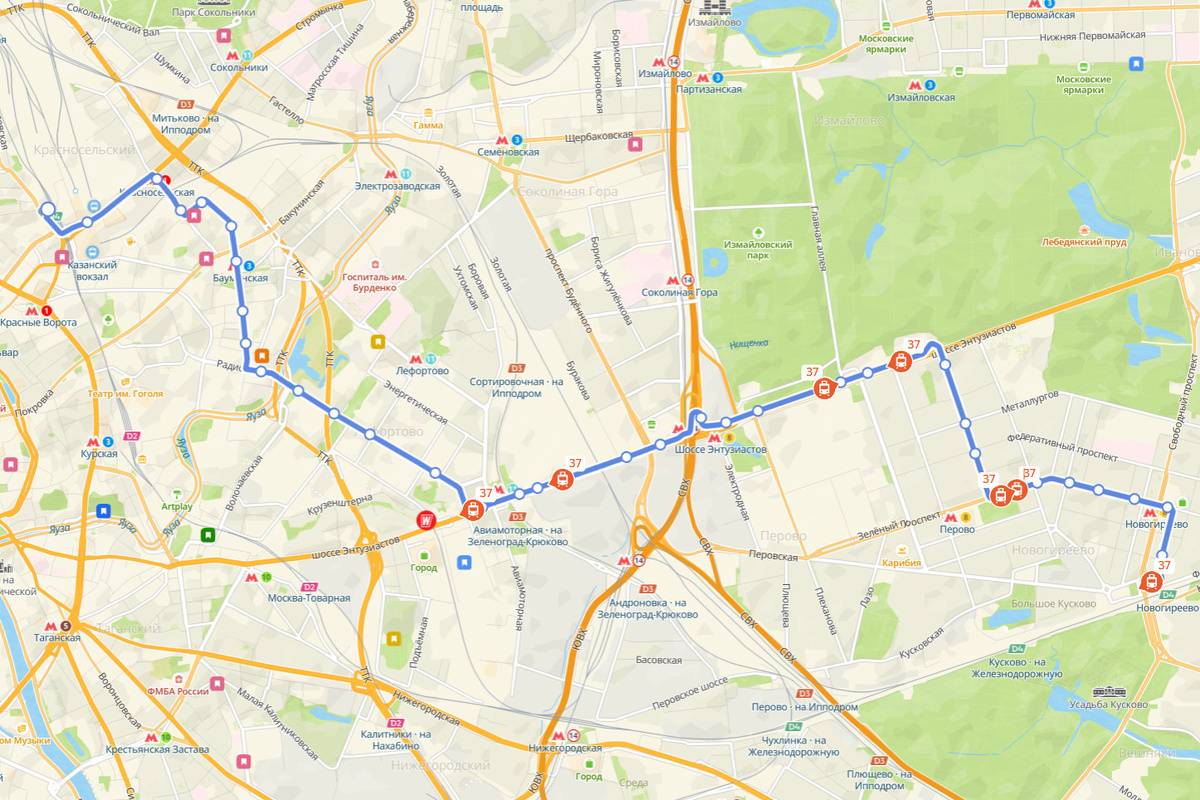 Маршрут Трамвая №37 на карте Москвы. Фото: 2ГИС