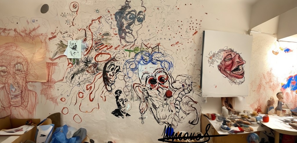 Доработанная нейросетью роспись, на стене в мастерской 