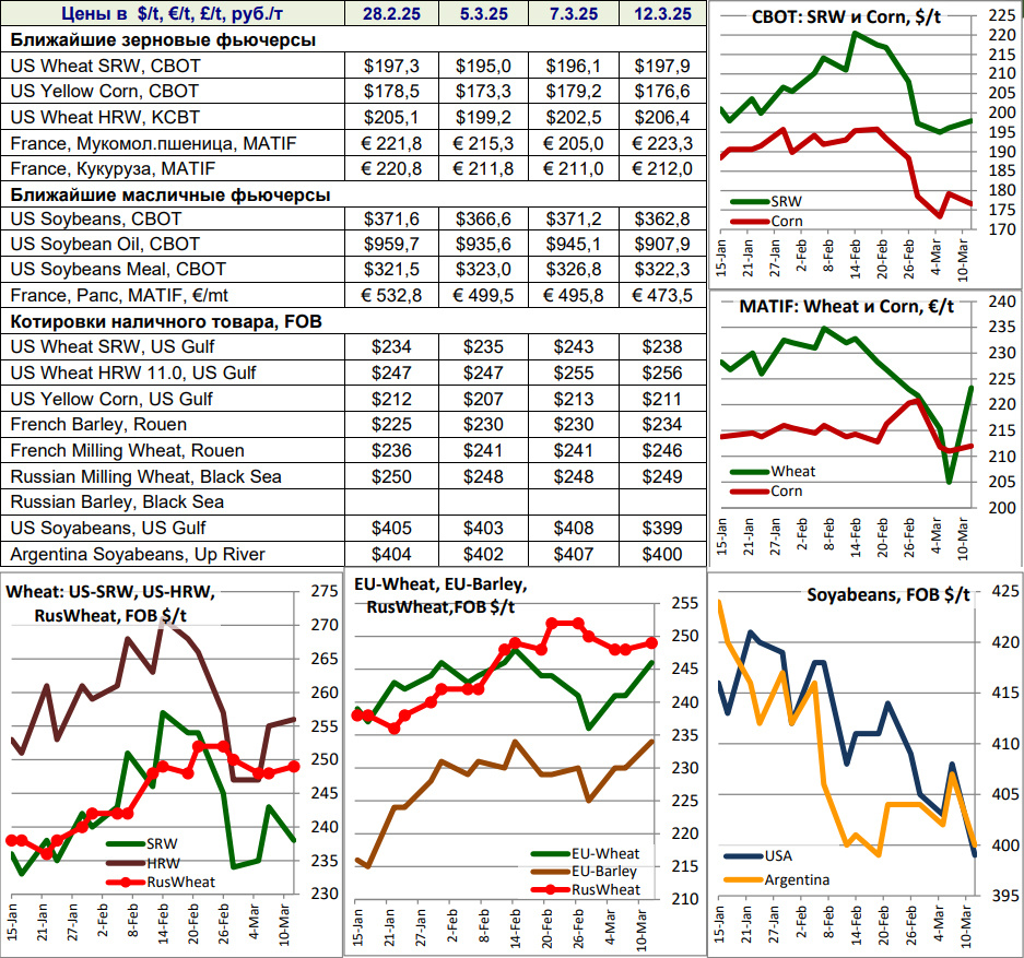 Ближайшие зерновые и масличные фьючерсы, котировки наличного товара FOB, 12.03.2025