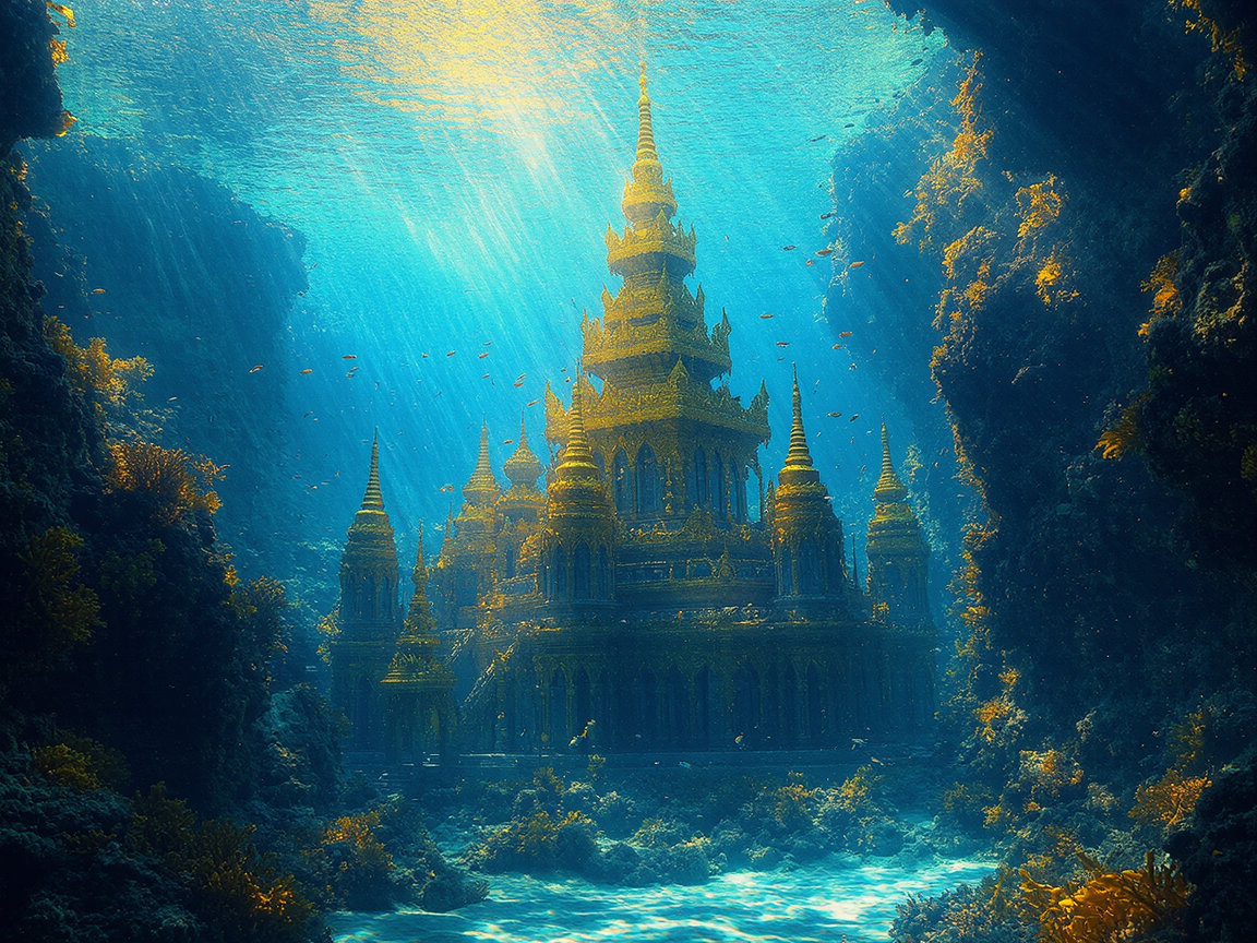 Затонувший город Атлантиды с золотыми башнями под водой
